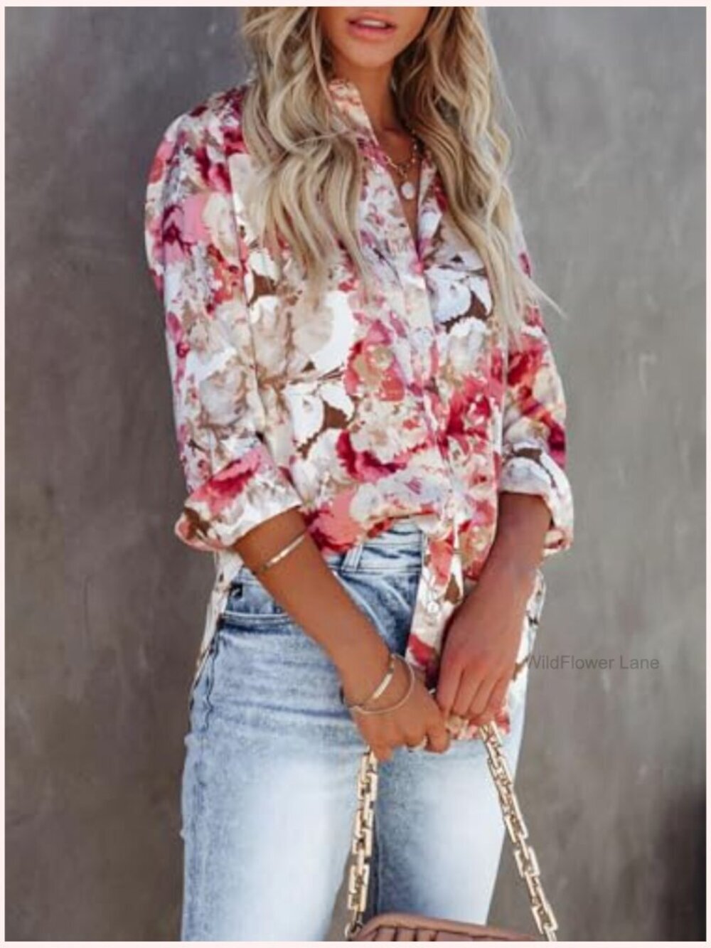 Womens Long Sleeve Button Down Wrinkle-Free Dressy Casual Blouse Floral Print - Picture 3 of 7
